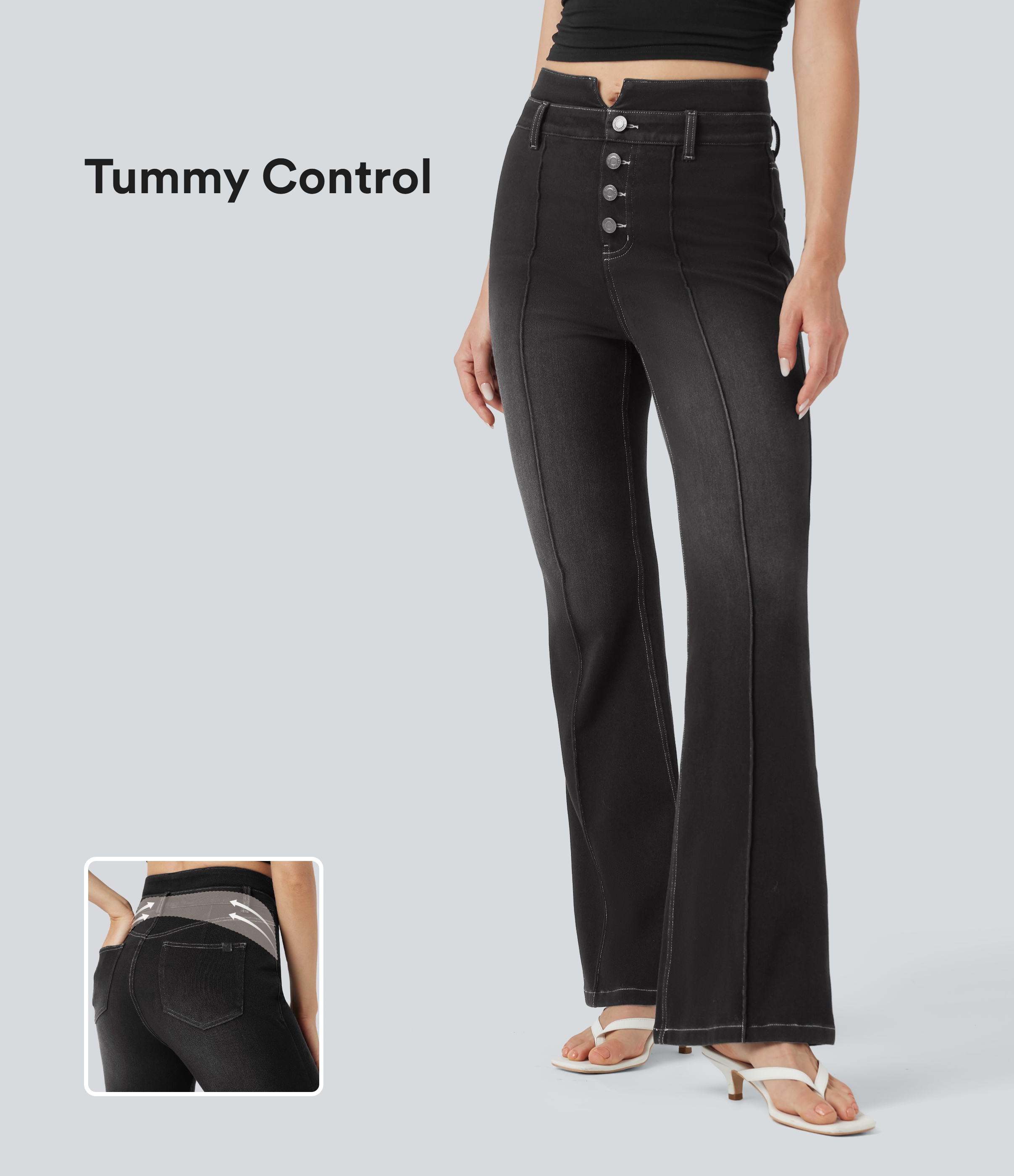 Mid Rise Tummy Control Casual Flare Jeans with Pockets