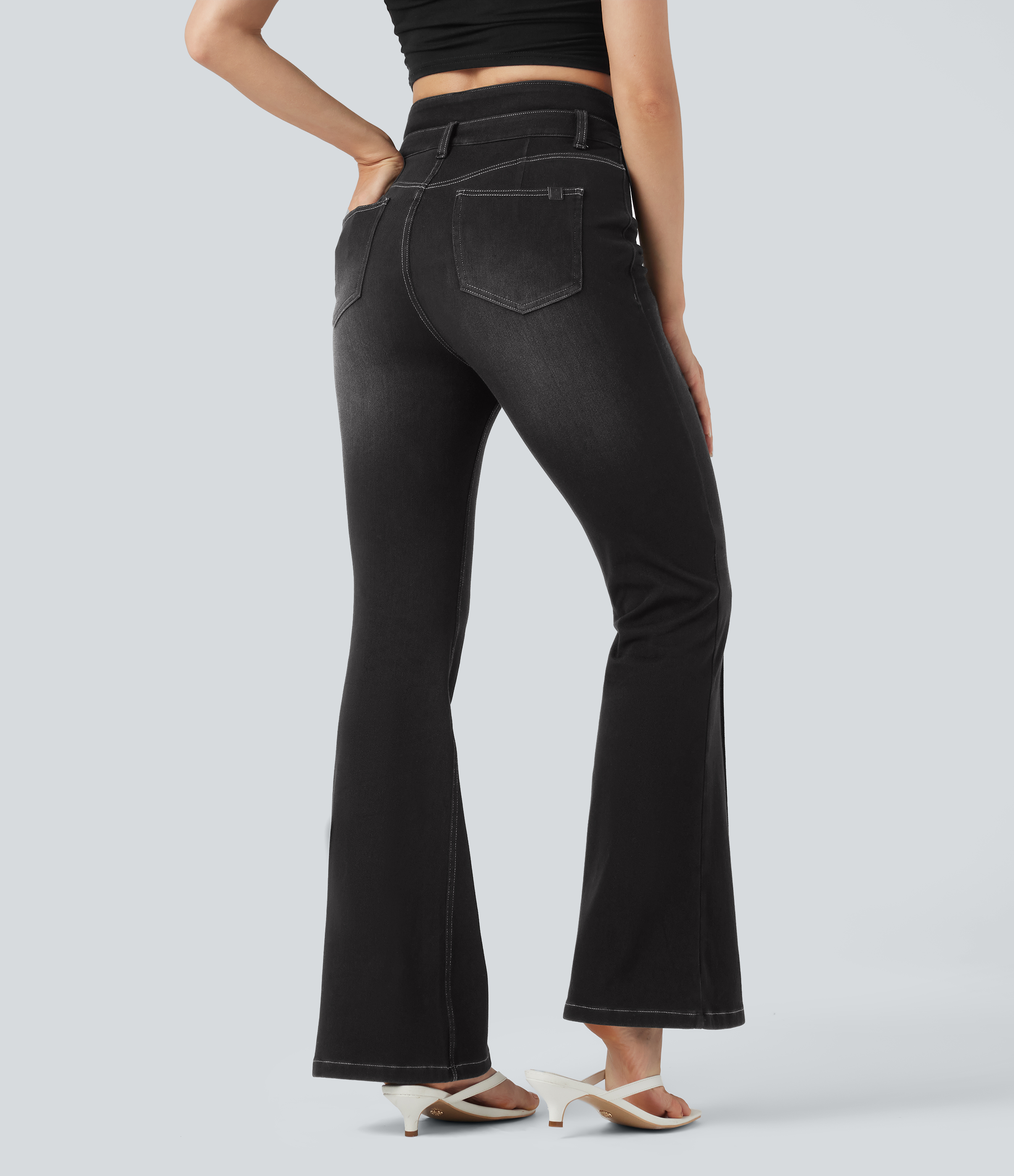 Mid Rise Tummy Control Casual Flare Jeans with Pockets