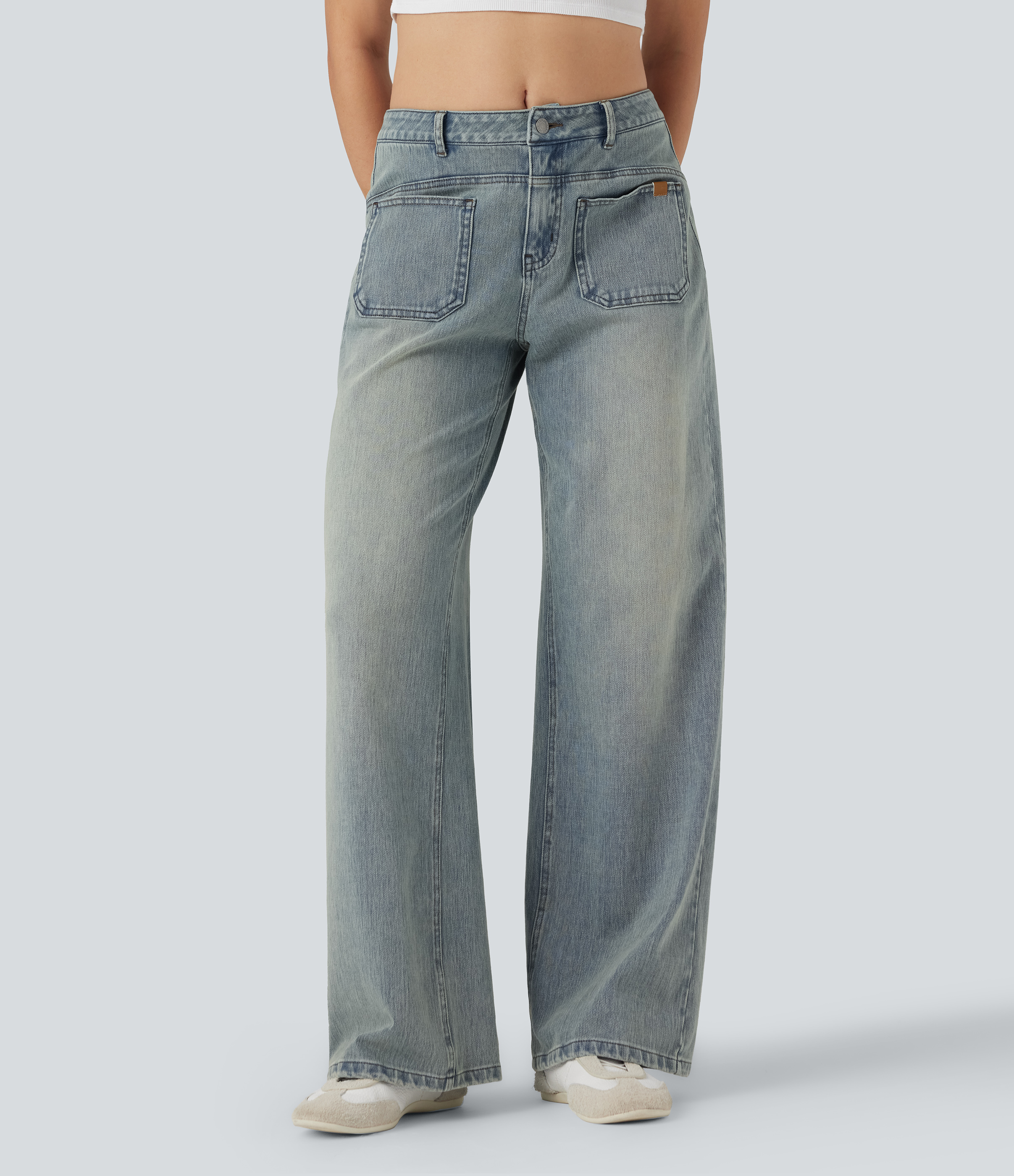 Mid Rise Wide Leg Washed Casual Jeans with Pockets
